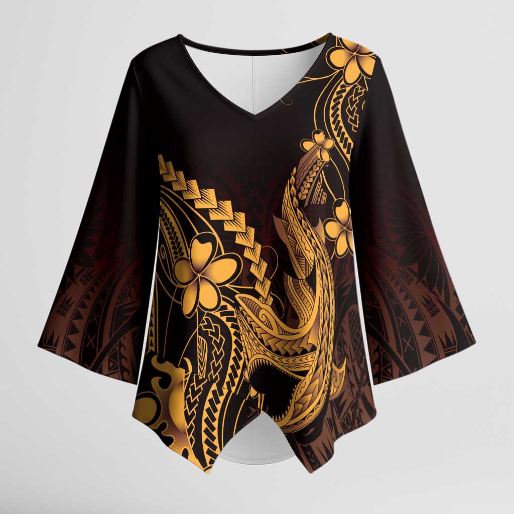 Gold Black Aloha Hawaii Kimono Sleeve Blouse Polynesian Shark Tattoo With Plumeria - Polynesian Pride