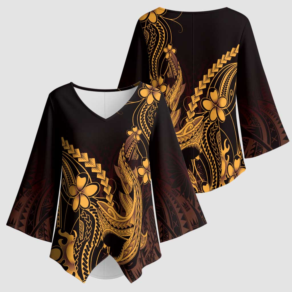 Gold Black Aloha Hawaii Kimono Sleeve Blouse Polynesian Shark Tattoo With Plumeria - Polynesian Pride