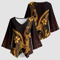 Gold Black Aloha Hawaii Kimono Sleeve Blouse Polynesian Shark Tattoo With Plumeria - Polynesian Pride