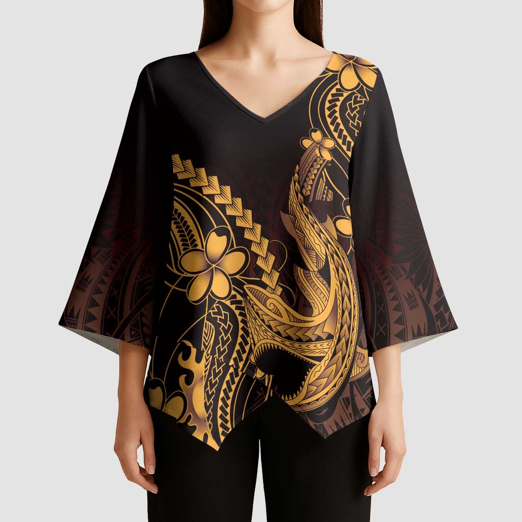 Gold Black Aloha Hawaii Kimono Sleeve Blouse Polynesian Shark Tattoo With Plumeria - Polynesian Pride