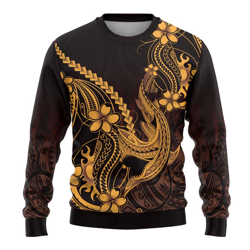Gold Black Aloha Hawaii Ugly Christmas Sweater Polynesian Shark Tattoo With Plumeria - Polynesian Pride
