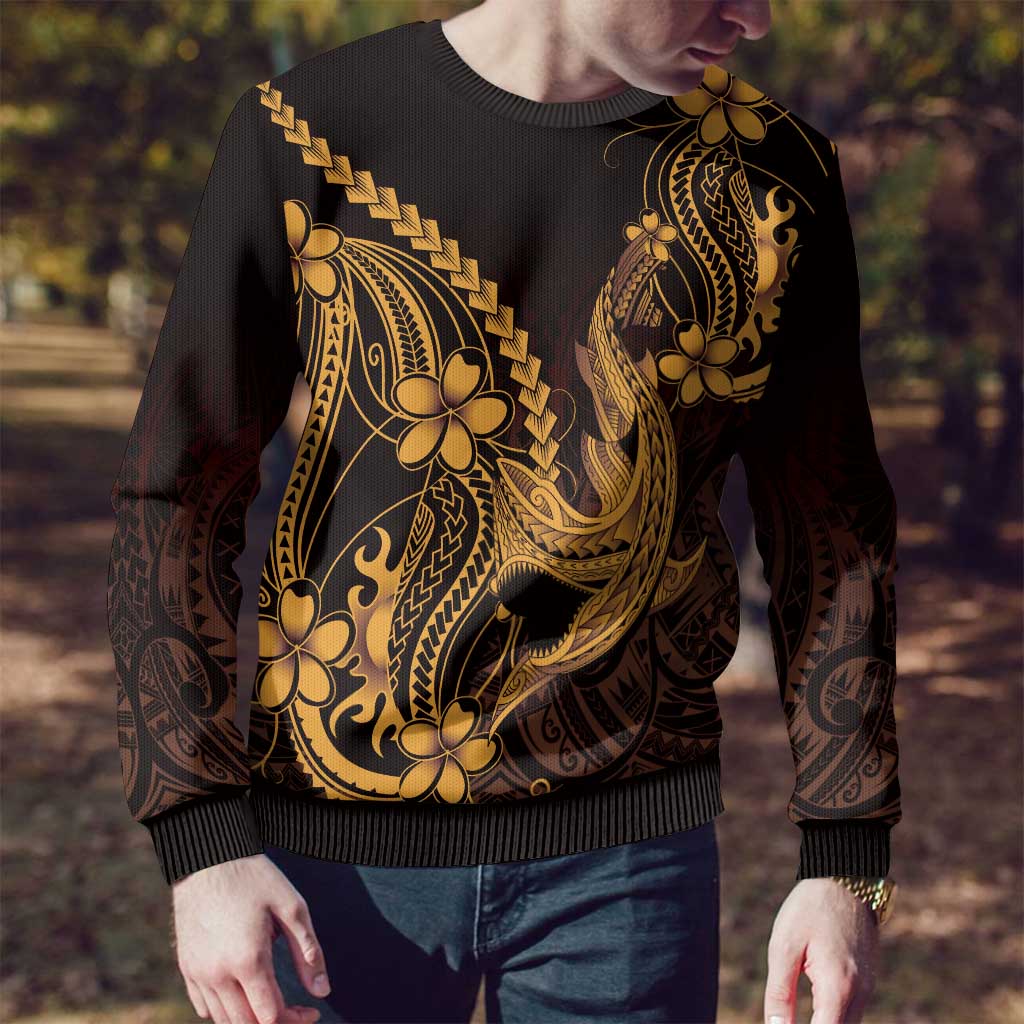 Gold Black Aloha Hawaii Ugly Christmas Sweater Polynesian Shark Tattoo With Plumeria - Polynesian Pride