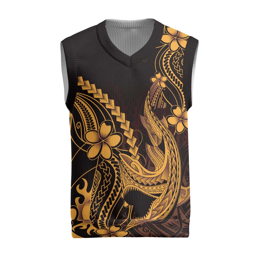 Gold Black Aloha Hawaii Christmas Knitted V-Neck Vest Polynesian Shark Tattoo With Plumeria - Polynesian Pride