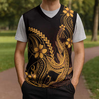 Gold Black Aloha Hawaii Christmas Knitted V-Neck Vest Polynesian Shark Tattoo With Plumeria - Polynesian Pride