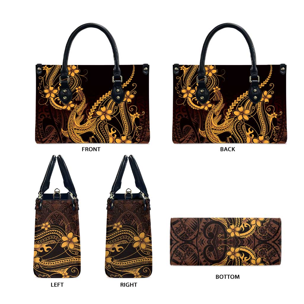 Gold Black Aloha Hawaii Leather Bag Polynesian Shark Tattoo With Plumeria - Polynesian Pride