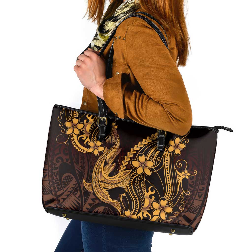Gold Black Aloha Hawaii Leather Tote Bag Polynesian Shark Tattoo With Plumeria - Polynesian Pride