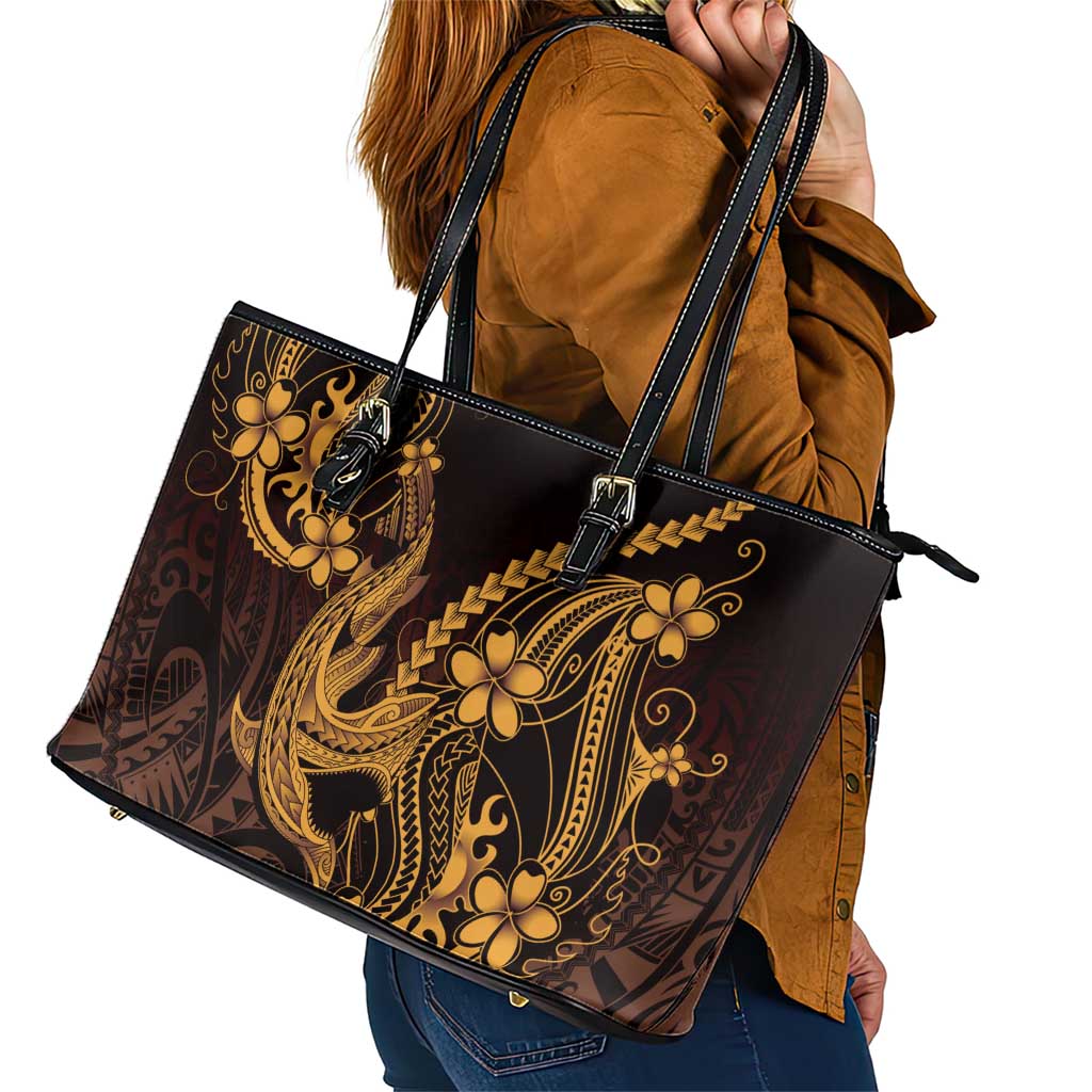 Gold Black Aloha Hawaii Leather Tote Bag Polynesian Shark Tattoo With Plumeria - Polynesian Pride