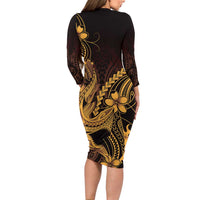 Gold Black Aloha Hawaii Long Sleeve Bodycon Dress Polynesian Shark Tattoo With Plumeria - Polynesian Pride