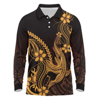 Gold Black Aloha Hawaii Long Sleeve Polo Shirt Polynesian Shark Tattoo With Plumeria - Polynesian Pride