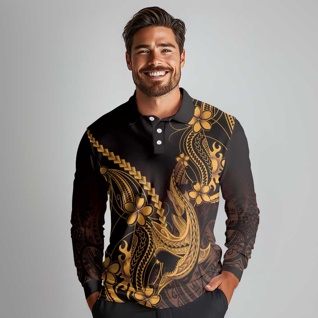 Gold Black Aloha Hawaii Long Sleeve Polo Shirt Polynesian Shark Tattoo With Plumeria - Polynesian Pride
