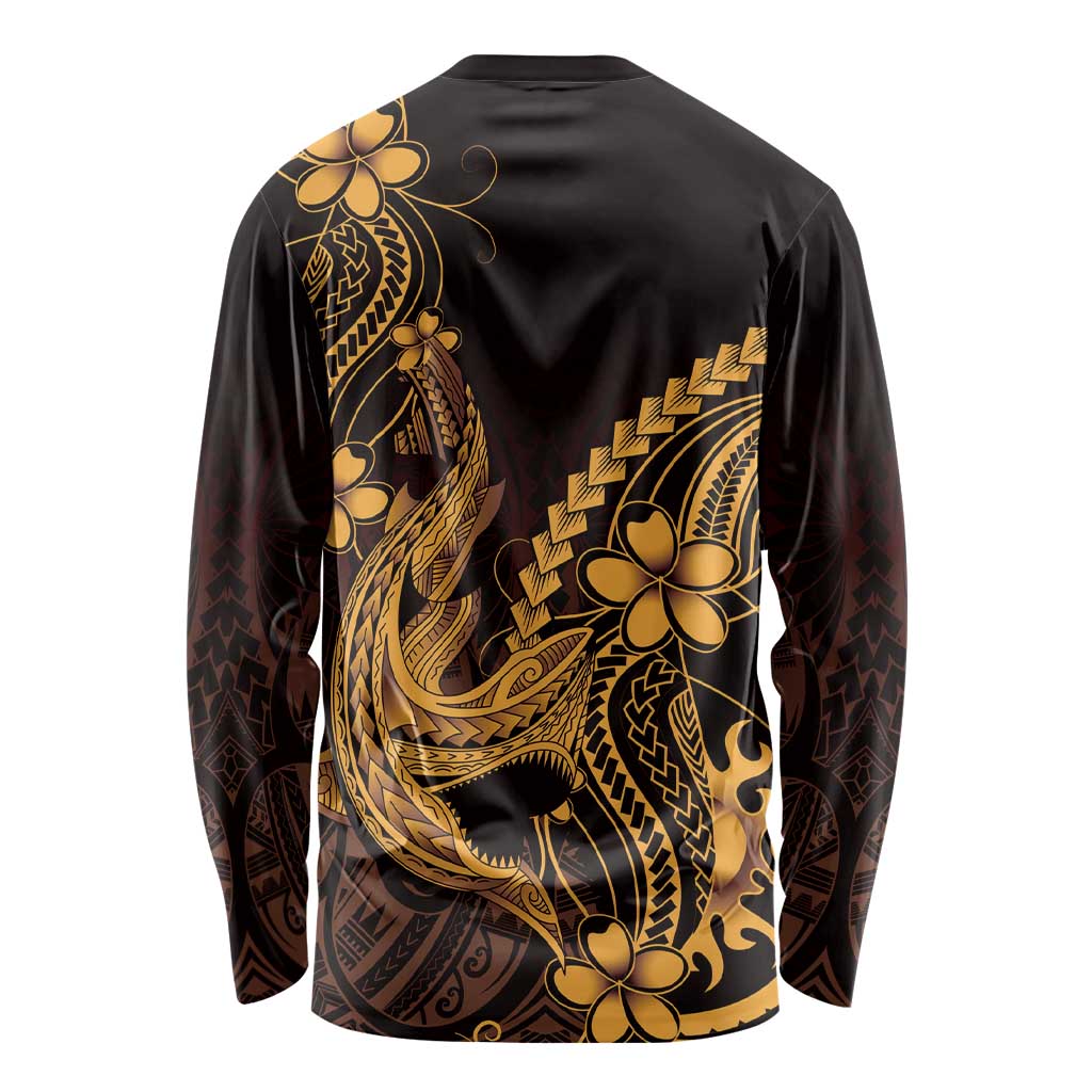 Gold Black Aloha Hawaii Long Sleeve Shirt Polynesian Shark Tattoo With Plumeria - Polynesian Pride