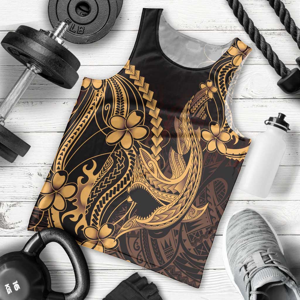Gold Black Aloha Hawaii Men Tank Top Polynesian Shark Tattoo With Plumeria - Polynesian Pride