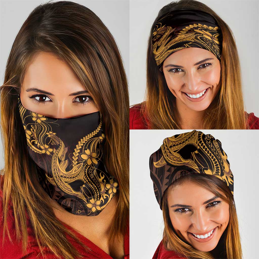Gold Black Aloha Hawaii Neck Gaiter Polynesian Shark Tattoo With Plumeria - Polynesian Pride
