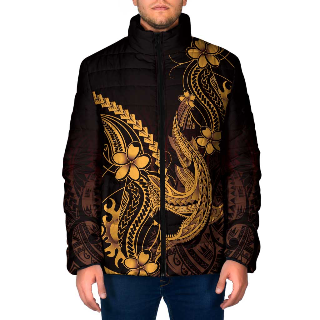 Gold Black Aloha Hawaii Padded Jacket Polynesian Shark Tattoo With Plumeria - Polynesian Pride