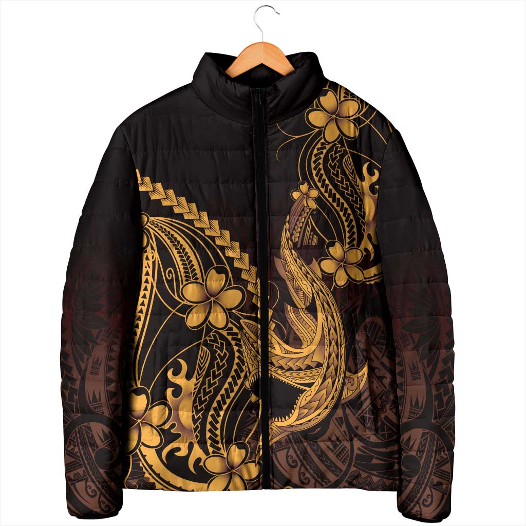 Gold Black Aloha Hawaii Padded Jacket Polynesian Shark Tattoo With Plumeria - Polynesian Pride