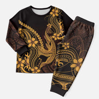 Gold Black Aloha Hawaii Christmas Pajama Set Polynesian Shark Tattoo With Plumeria - Polynesian Pride