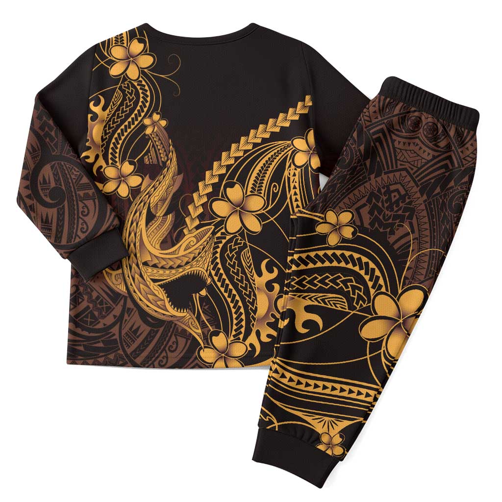 Gold Black Aloha Hawaii Christmas Pajama Set Polynesian Shark Tattoo With Plumeria - Polynesian Pride