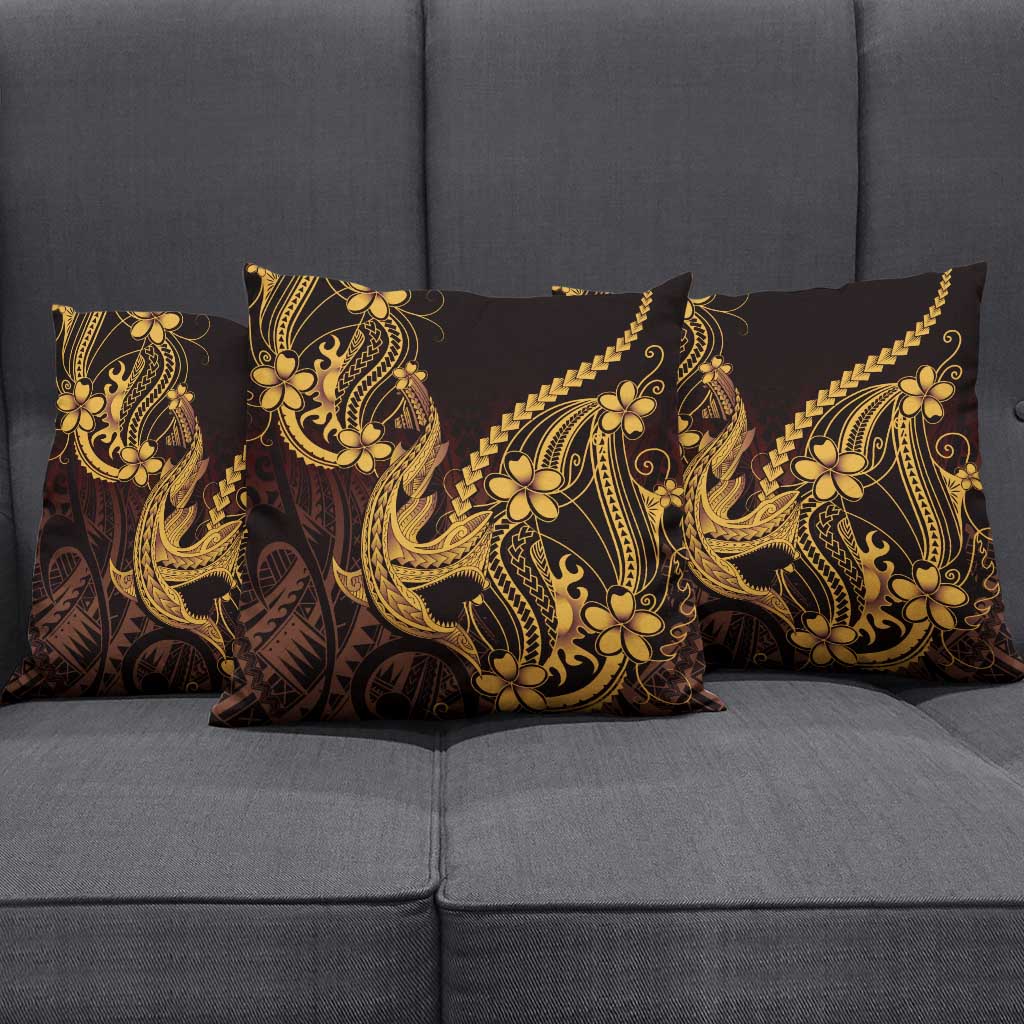 Gold Black Aloha Hawaii Pillow Cover Polynesian Shark Tattoo With Plumeria - Polynesian Pride