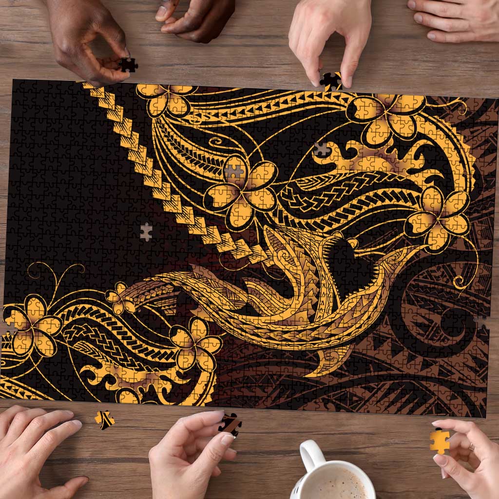 Gold Black Aloha Hawaii Puzzle Polynesian Shark Tattoo With Plumeria - Polynesian Pride