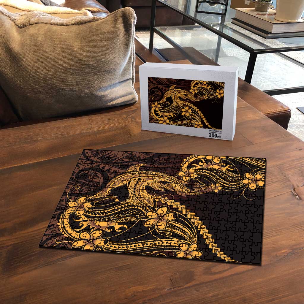 Gold Black Aloha Hawaii Puzzle Polynesian Shark Tattoo With Plumeria - Polynesian Pride