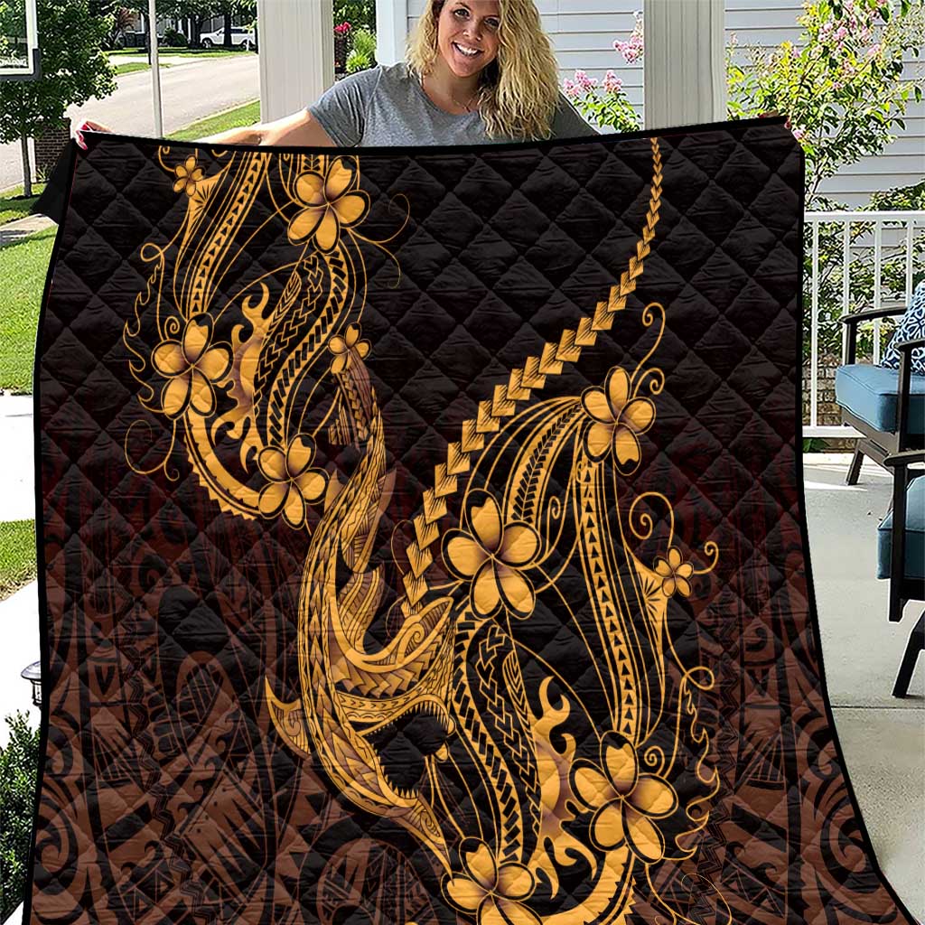 Gold Black Aloha Hawaii Quilt Polynesian Shark Tattoo With Plumeria LT14 Gold - Polynesian Pride