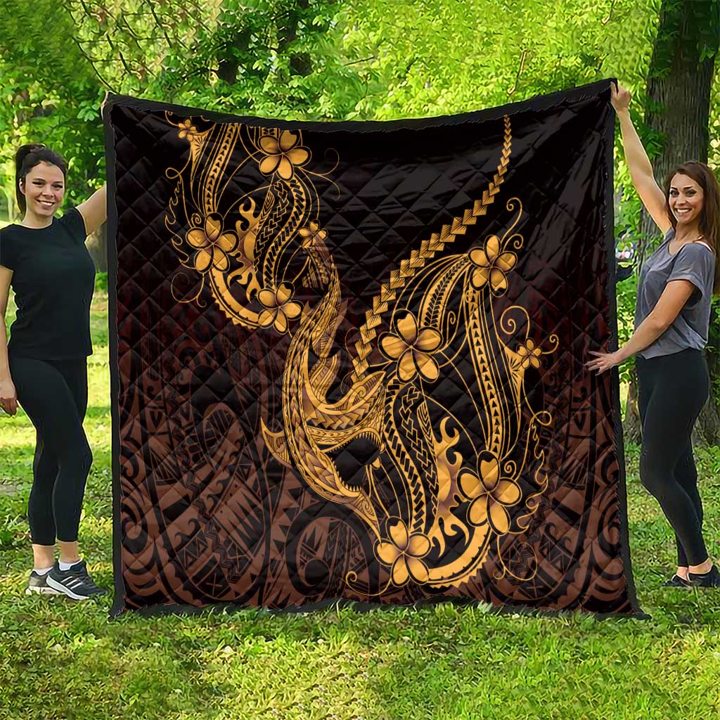 Gold Black Aloha Hawaii Quilt Polynesian Shark Tattoo With Plumeria - Polynesian Pride