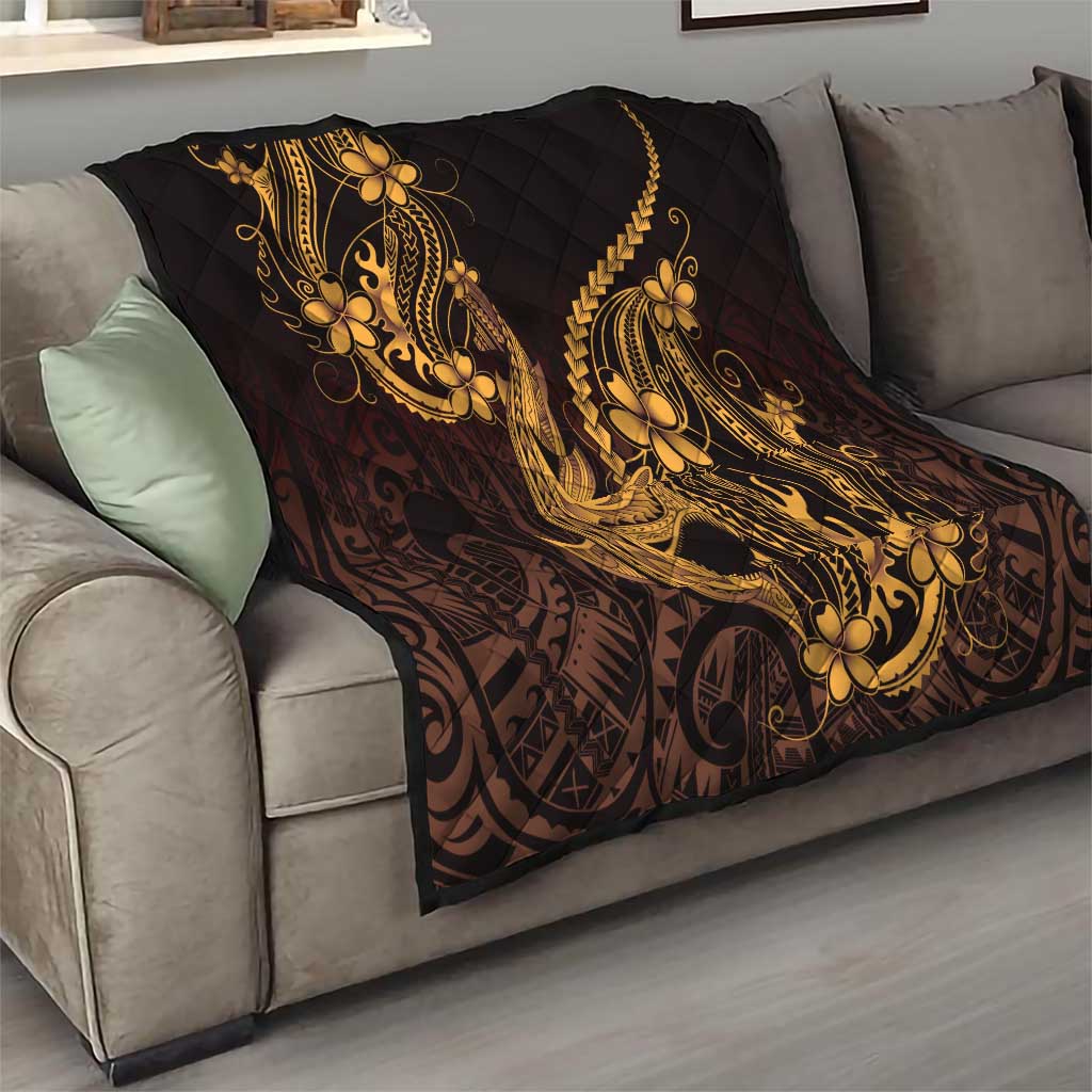 Gold Black Aloha Hawaii Quilt Polynesian Shark Tattoo With Plumeria - Polynesian Pride