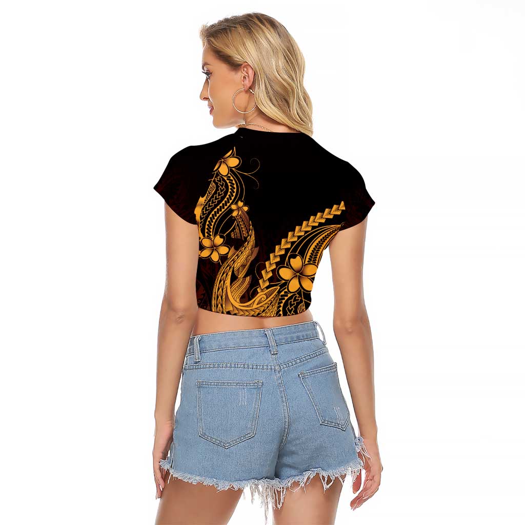 Gold Black Aloha Hawaii Raglan Cropped T Shirt Polynesian Shark Tattoo With Plumeria - Polynesian Pride