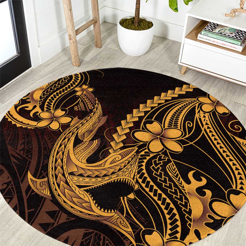 Gold Black Aloha Hawaii Round Carpet Polynesian Shark Tattoo With Plumeria LT14 Gold - Polynesian Pride
