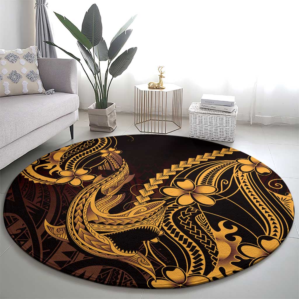 Gold Black Aloha Hawaii Round Carpet Polynesian Shark Tattoo With Plumeria - Polynesian Pride