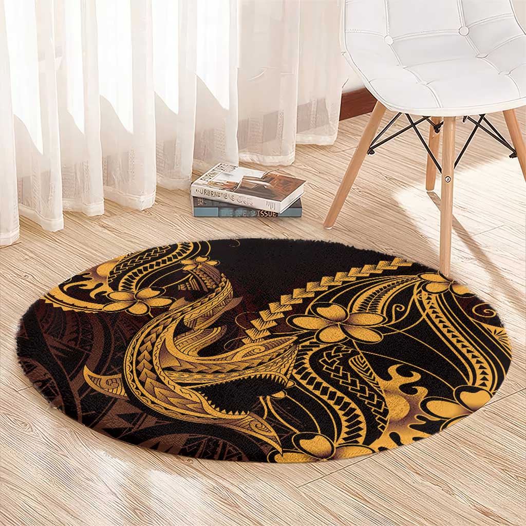 Gold Black Aloha Hawaii Round Carpet Polynesian Shark Tattoo With Plumeria - Polynesian Pride