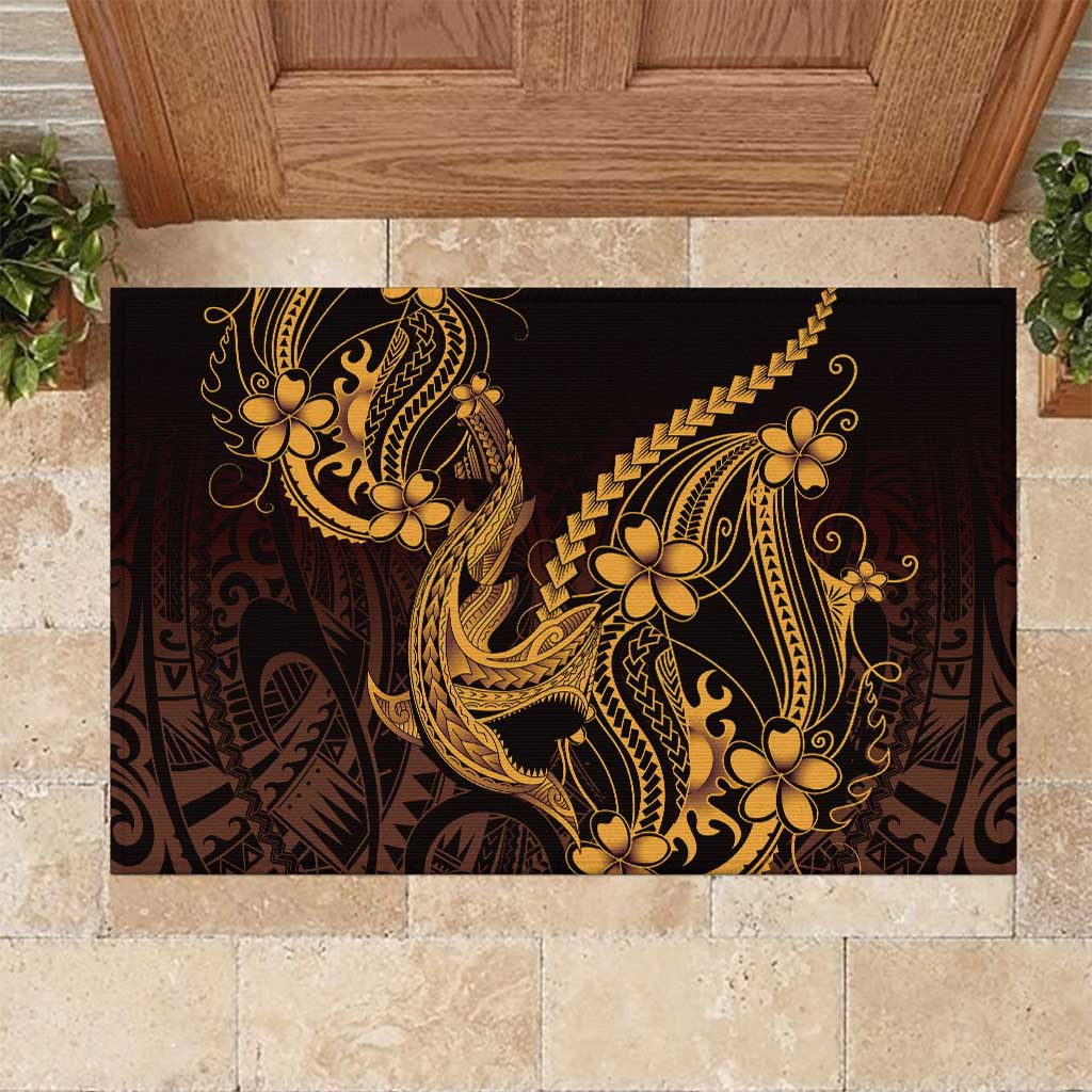 Gold Black Aloha Hawaii Rubber Doormat Polynesian Shark Tattoo With Plumeria LT14 Gold - Polynesian Pride