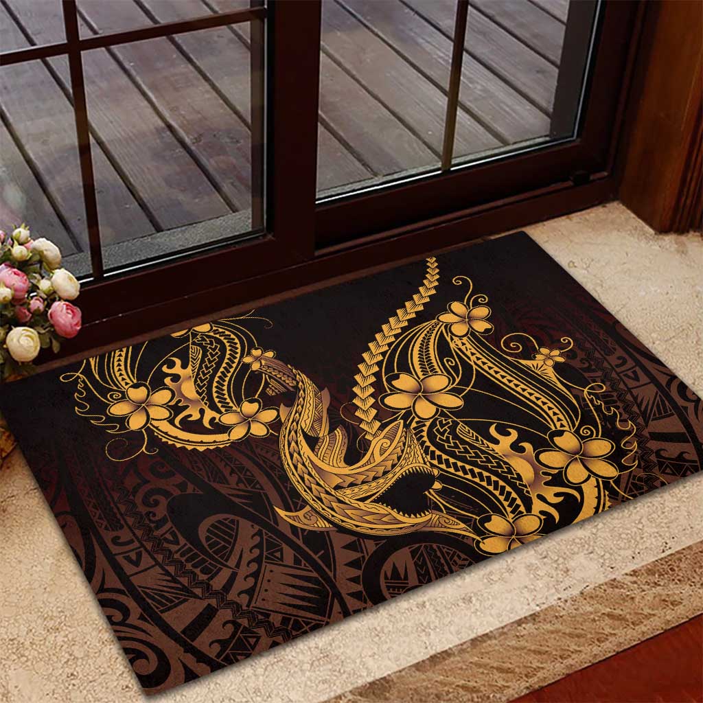 Gold Black Aloha Hawaii Rubber Doormat Polynesian Shark Tattoo With Plumeria - Polynesian Pride