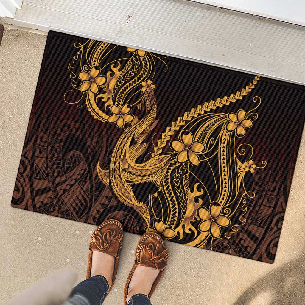 Gold Black Aloha Hawaii Rubber Doormat Polynesian Shark Tattoo With Plumeria - Polynesian Pride