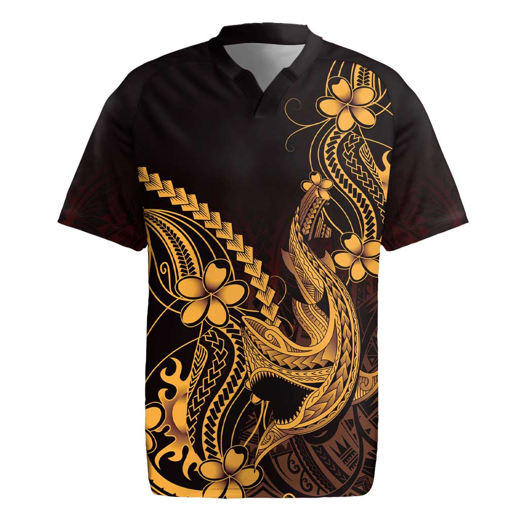 Gold Black Aloha Hawaii Rugby Jersey Polynesian Shark Tattoo With Plumeria - Polynesian Pride