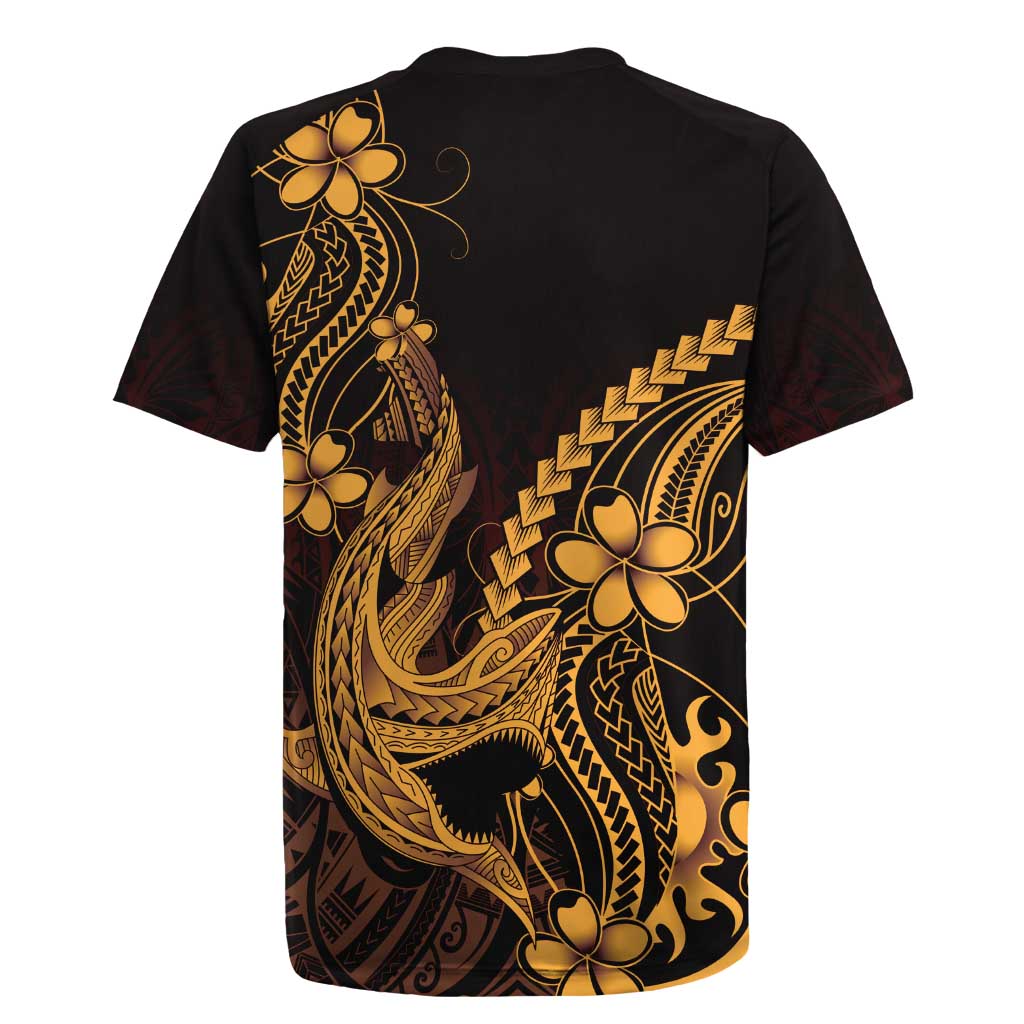 Gold Black Aloha Hawaii Rugby Jersey Polynesian Shark Tattoo With Plumeria - Polynesian Pride