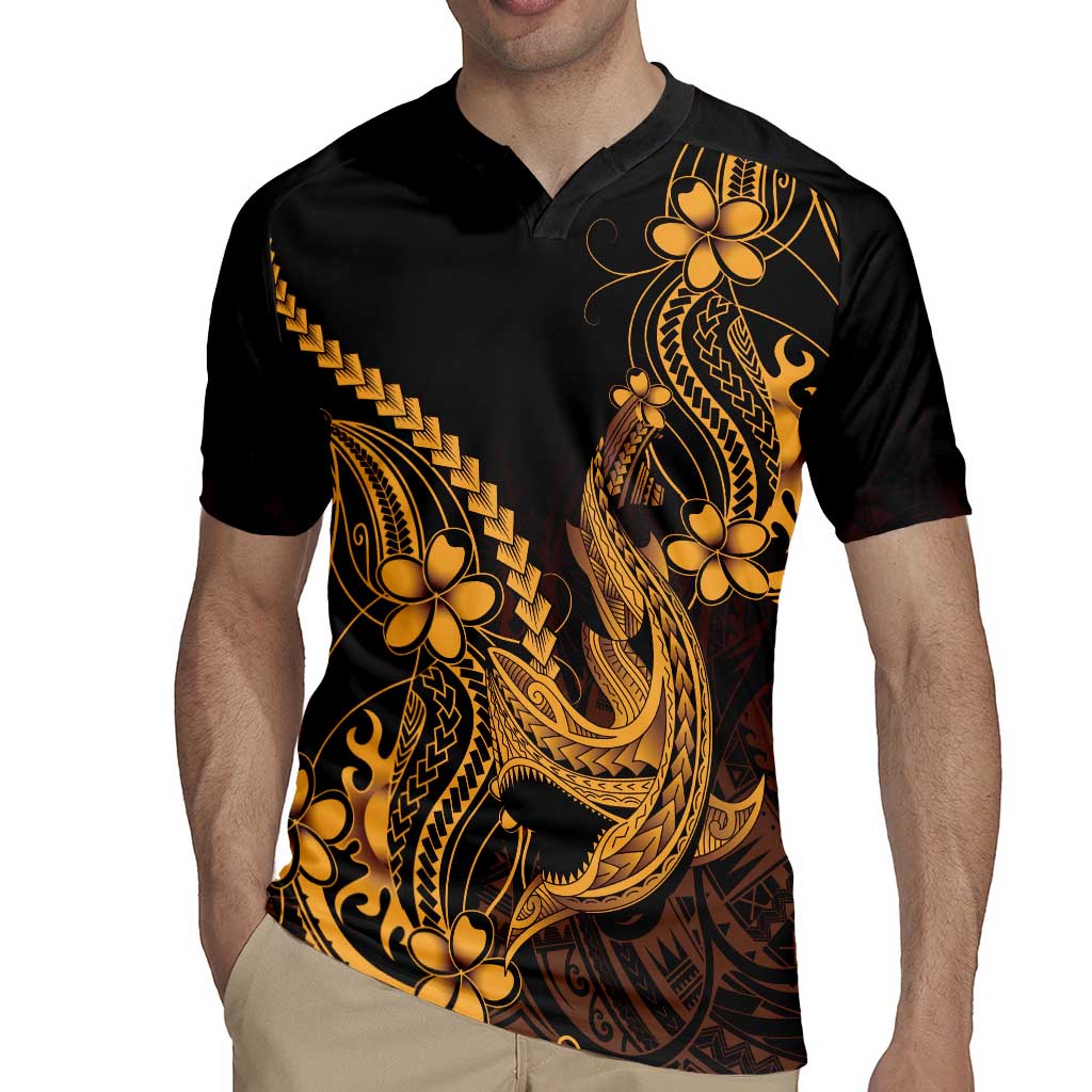 Gold Black Aloha Hawaii Rugby Jersey Polynesian Shark Tattoo With Plumeria - Polynesian Pride