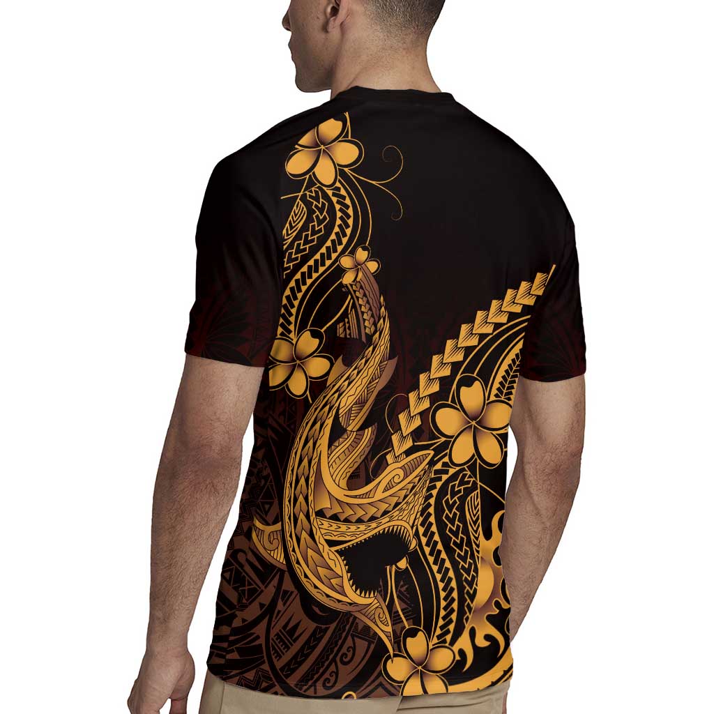 Gold Black Aloha Hawaii Rugby Jersey Polynesian Shark Tattoo With Plumeria - Polynesian Pride