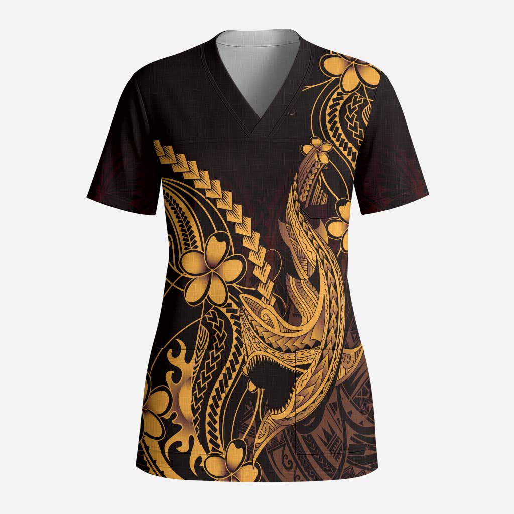 Gold Black Aloha Hawaii Scrub Top Polynesian Shark Tattoo With Plumeria - Polynesian Pride