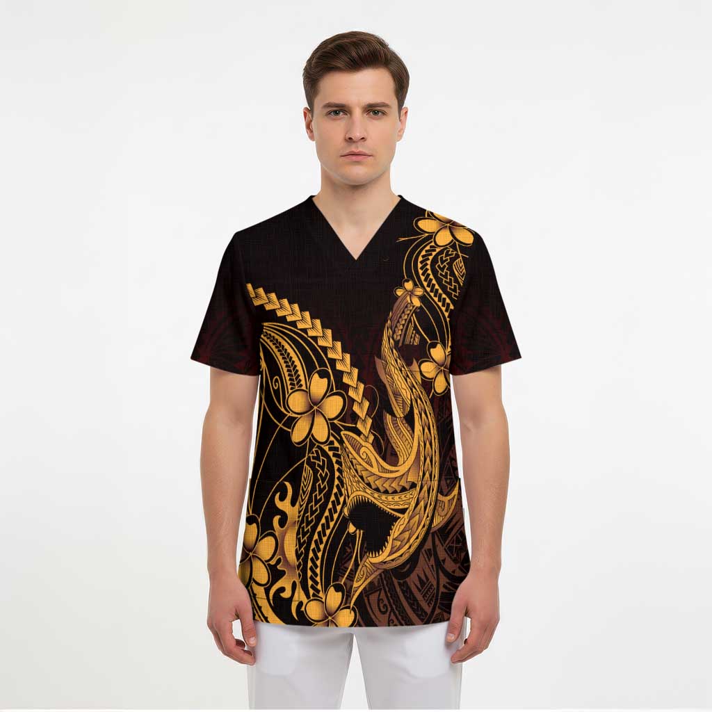 Gold Black Aloha Hawaii Scrub Top Polynesian Shark Tattoo With Plumeria - Polynesian Pride