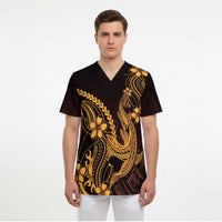 Gold Black Aloha Hawaii Scrub Top Polynesian Shark Tattoo With Plumeria - Polynesian Pride
