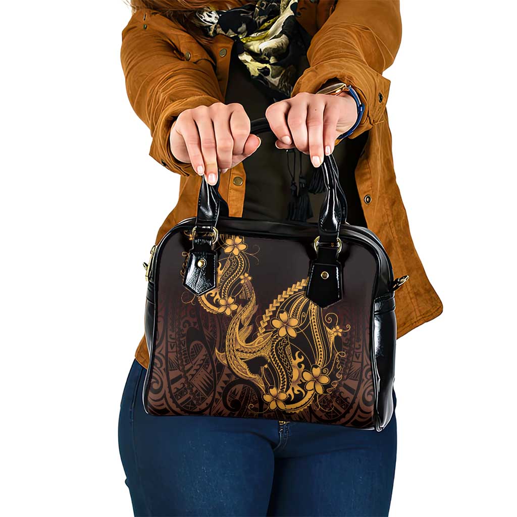 Gold Black Aloha Hawaii Shoulder Handbag Polynesian Shark Tattoo With Plumeria - Polynesian Pride
