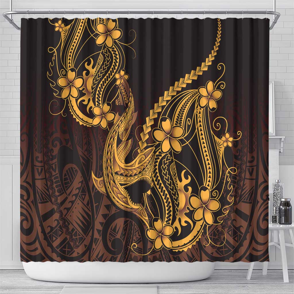 Gold Black Aloha Hawaii Shower Curtain Polynesian Shark Tattoo With Plumeria - Polynesian Pride
