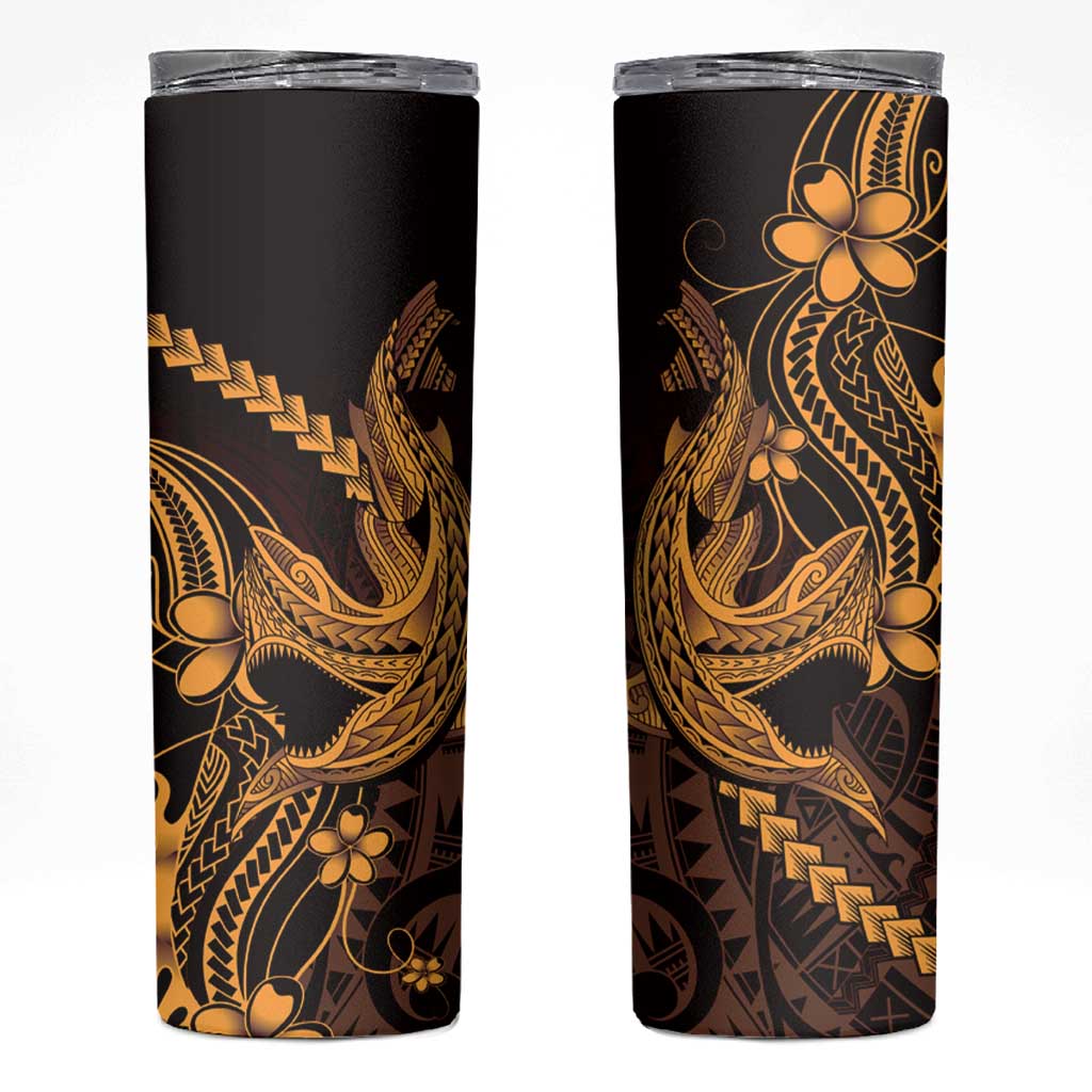 Gold Black Aloha Hawaii Skinny Tumbler Polynesian Shark Tattoo With Plumeria - Polynesian Pride