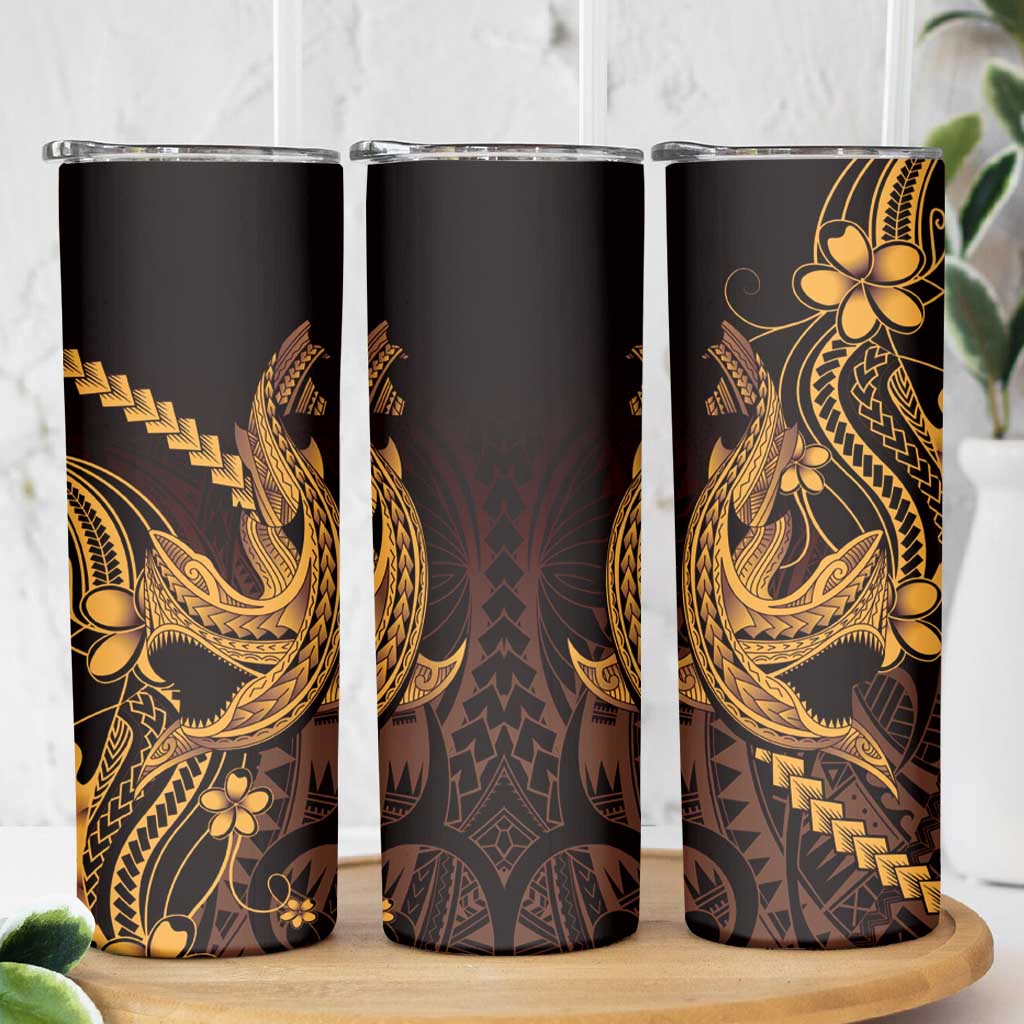 Gold Black Aloha Hawaii Skinny Tumbler Polynesian Shark Tattoo With Plumeria - Polynesian Pride