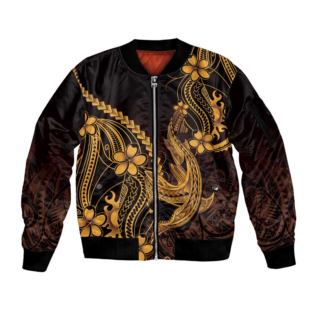 Gold Black Aloha Hawaii Sleeve Zip Bomber Jacket Polynesian Shark Tattoo With Plumeria LT14 Unisex Gold - Polynesian Pride