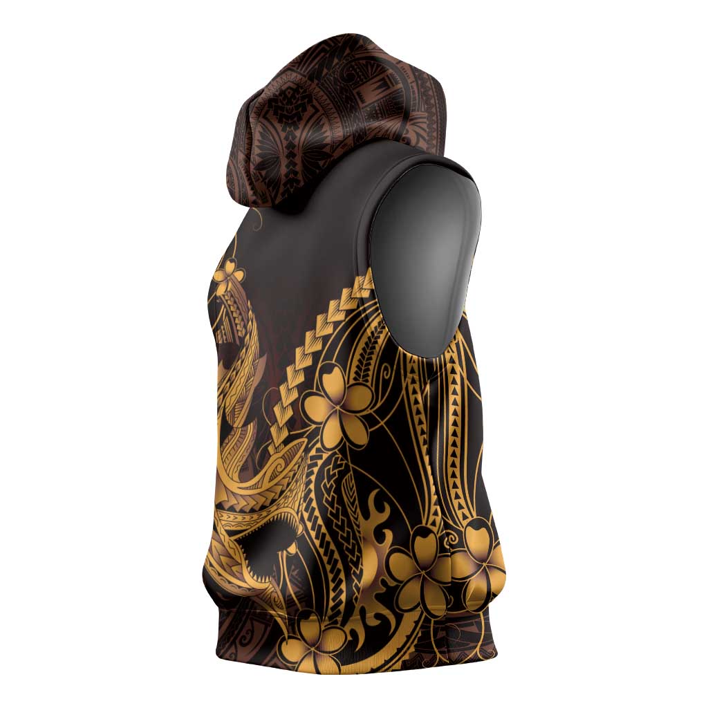 Gold Black Aloha Hawaii Sleeveless Hoodie Polynesian Shark Tattoo With Plumeria - Polynesian Pride