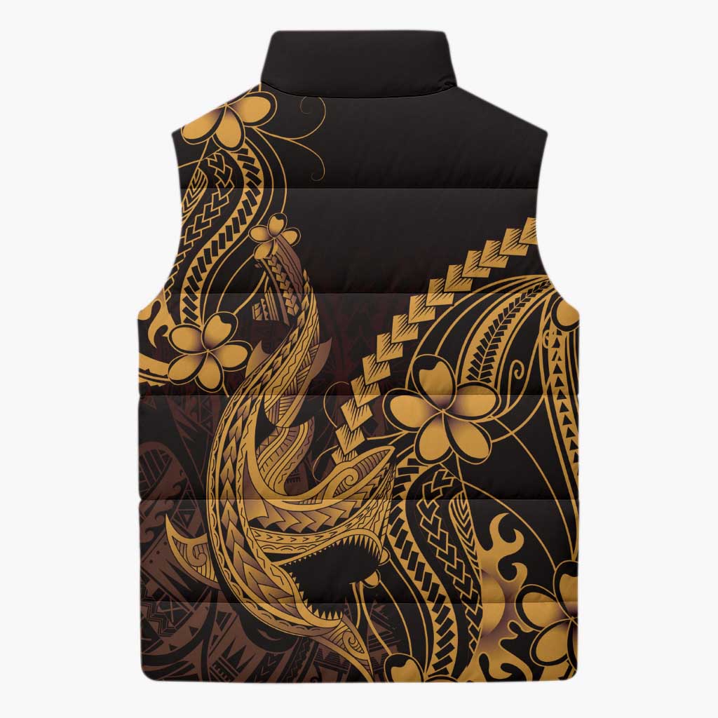 Gold Black Aloha Hawaii Sleeveless Puffer Jacket Polynesian Shark Tattoo With Plumeria - Polynesian Pride