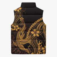 Gold Black Aloha Hawaii Sleeveless Puffer Jacket Polynesian Shark Tattoo With Plumeria - Polynesian Pride