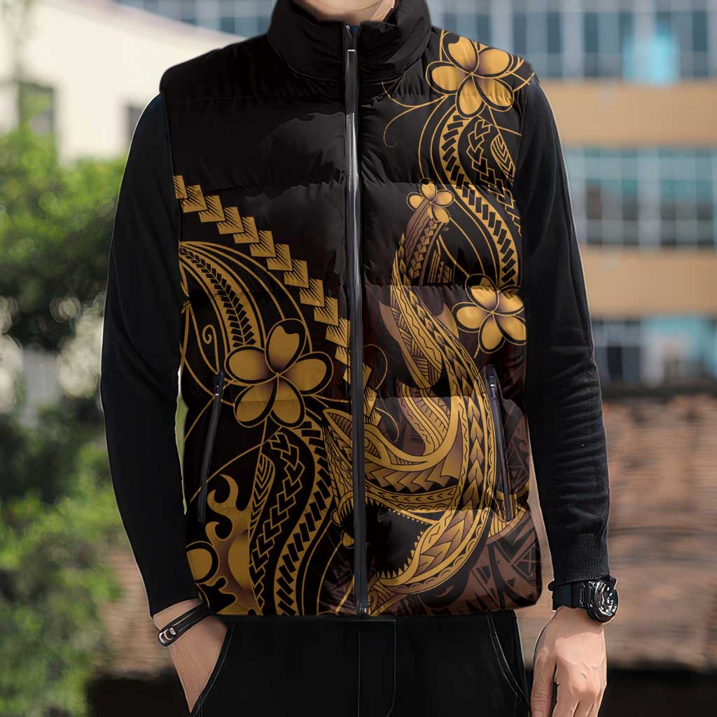 Gold Black Aloha Hawaii Sleeveless Puffer Jacket Polynesian Shark Tattoo With Plumeria - Polynesian Pride